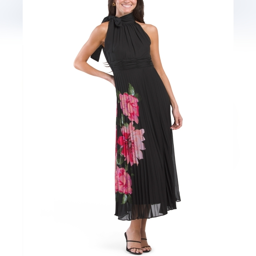 Taylor Women's Black Floral Pleated Halter Midi Dress